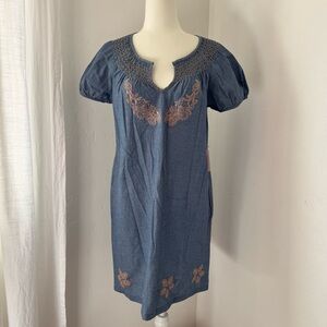 NWT Blue Dress with Embroidered Floral Details Women’s Size XS